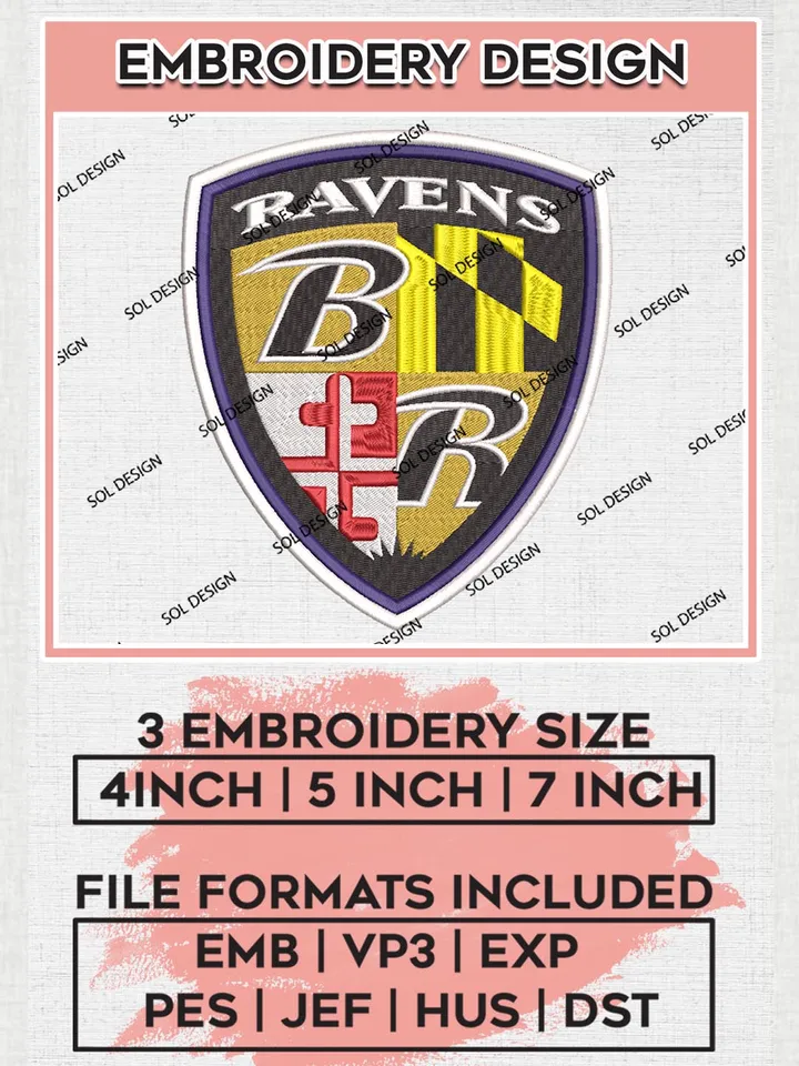 NFL Baltimore Ravens Embroidery Design Files, NFL Ravens, NFL Embroidery Designs, NFL Baltimore Ravens Machine Embroidery Design, Digital Download