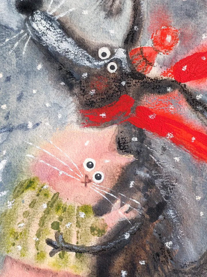 27×27cm Artwork by Julia Schigal "Winter Love" - watercolor, gouache, pastel