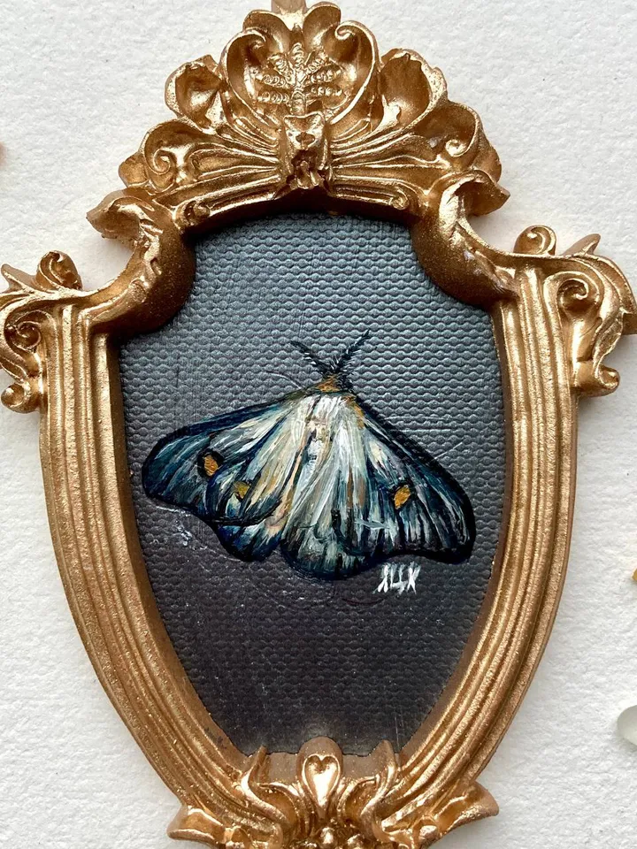 Moth Painting Original Gold Frame Art Original Oil Painting Small 3x4 Butterfly Artwork Enotomology Wall Decor