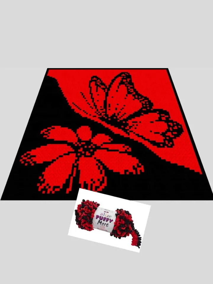 Loop yarn finger knitted Butterfly&Flower blanket pattern PDF