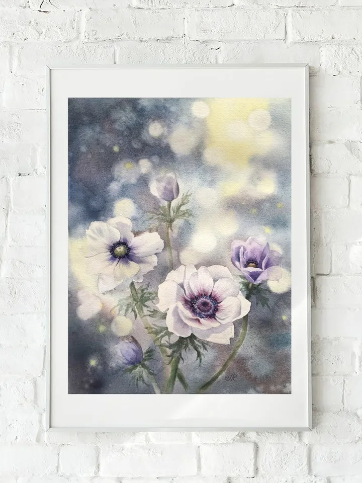 Flowers Original Watercolor Painting Wall Art Anemones Painting