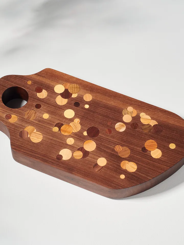 Walnut Multi Color Polka Dot Inlay Kitchen Board with Handle Hole