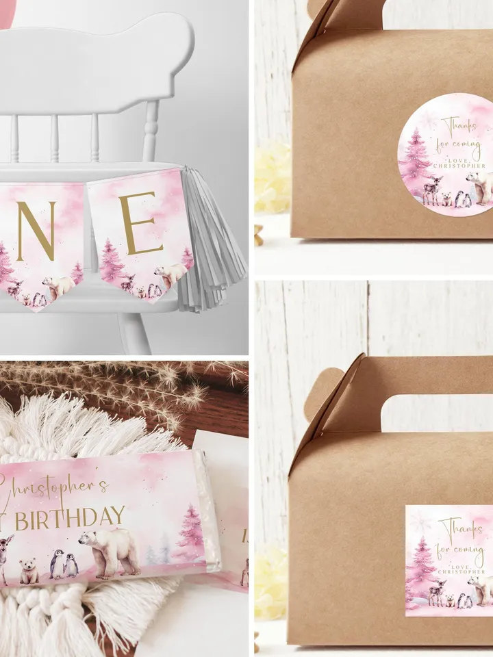 Winter Onederland First Birthday Bundle 1st Birthday Invitation Winter Onederland Girl Decorations, Polar Bear Arctic Animals, EDITABLE i123