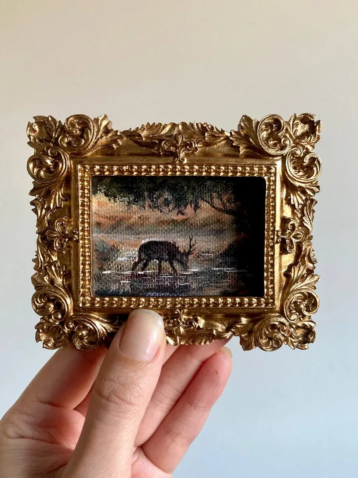 Forest Deer Landscape Oil Painting Original In Vintage Style Frame Small Framed Oval Painting Art