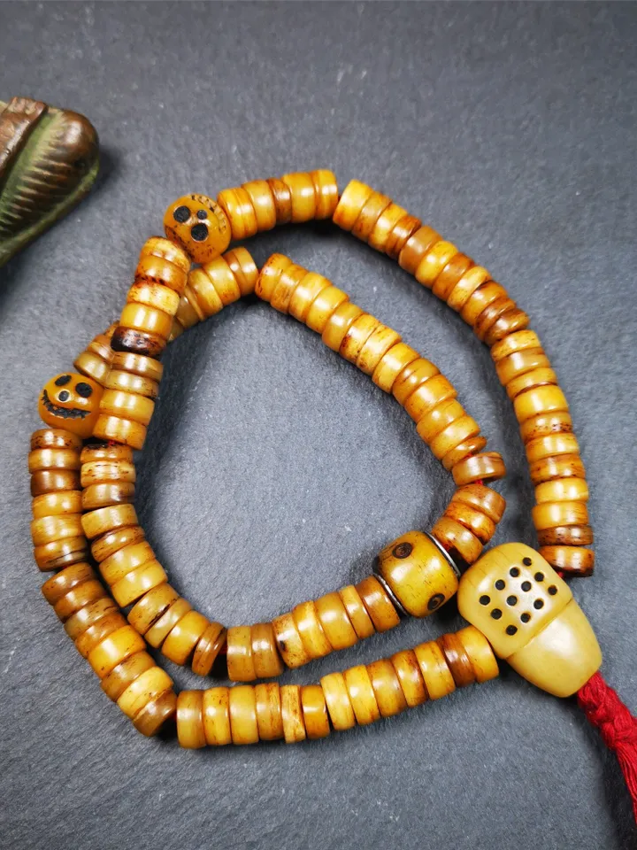 Gandhanra Old Tibetan 108 Yak Bone Mala,Prayer Beads Necklace,Rosary Beads for Meditation,Diameter 0.35", Circumference 16.5"
