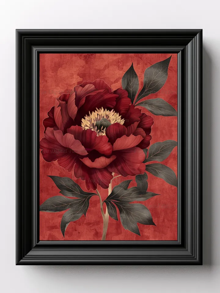 Digital burgundy red peony flower Art Print chinese painting  , Modern Wall Art Decor, Digital Prints, Instant Download AI