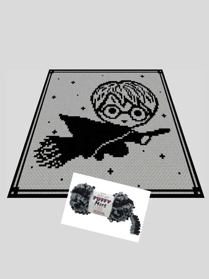 Loop yarn Finger knitted Harry on the broom blanket pattern