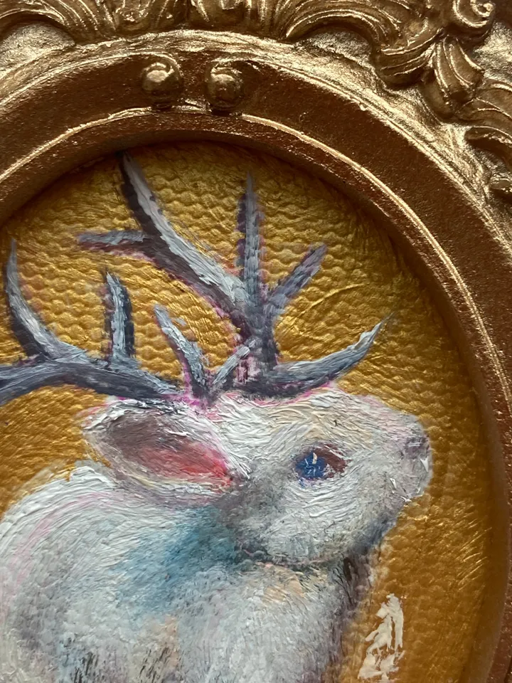 Jackalope Painting Small Original Framed Art Cryptid Gifts Mini Gold Framed Decor, Fairy Creatures Art, Tiny Art Whimsigoth Decor