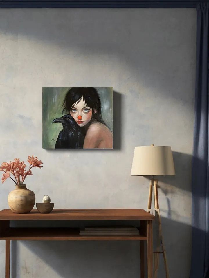 Mysterious Clown Girl with Raven – Oil Painting on Canvas 14×16 in by MyFoxyArt