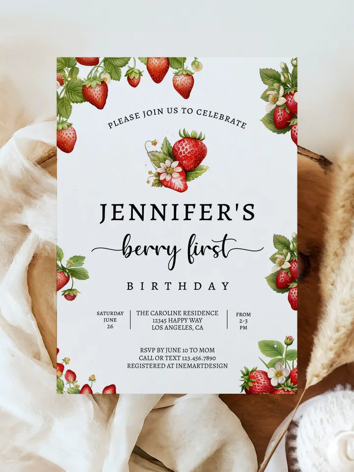 Editable Strawberry First Birthday Invitation Template Girl 1st Birthday Party Invite Berry First Birthday Cute Sweet Printable BF001