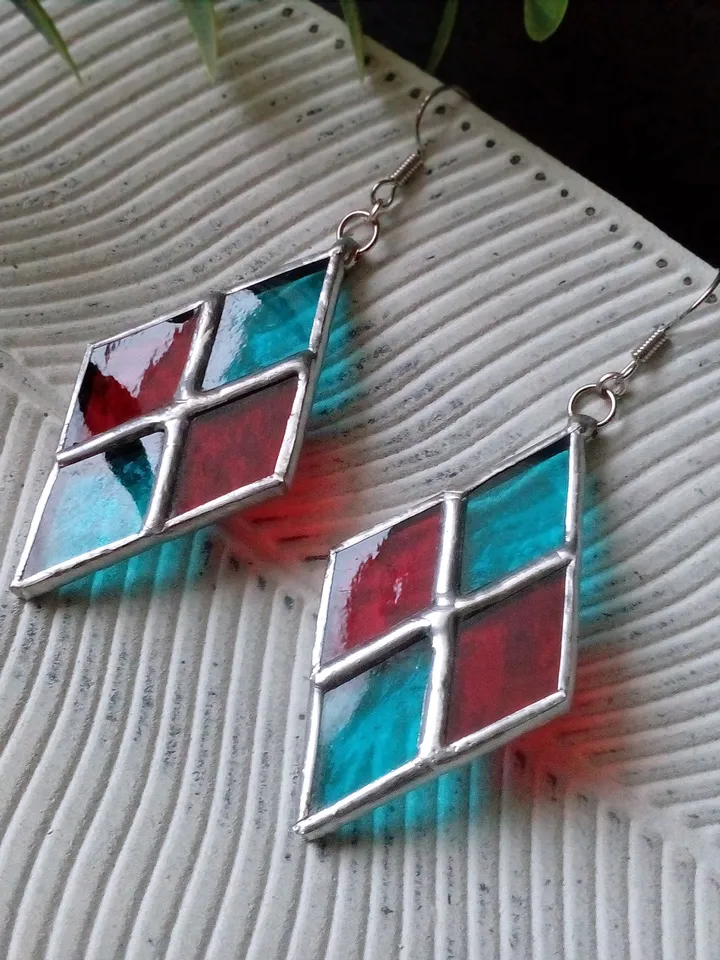 Checkerboard stained glass earrrings - handmade geometric chess plaid earrings