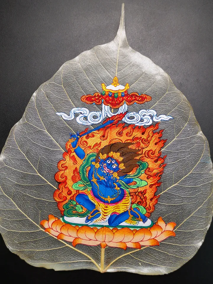 Gandhanra Handpainted Bodhi Leaf Thangka,Packed in Wooden Picture Frame,Painted with Natural Mineral Pigments,Achala Thangka