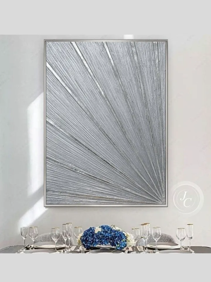 Glittery Silver Painting Textured artwork Abstract Wall Art with crystals Silver wall decor by Juliya JC