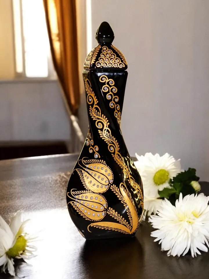 Handpainted Black and Gold Tall Vase For Flowers, 30 cm Handpainted Ceramic Vase, Home Decor, Ceramic Home Decor Plant Holder