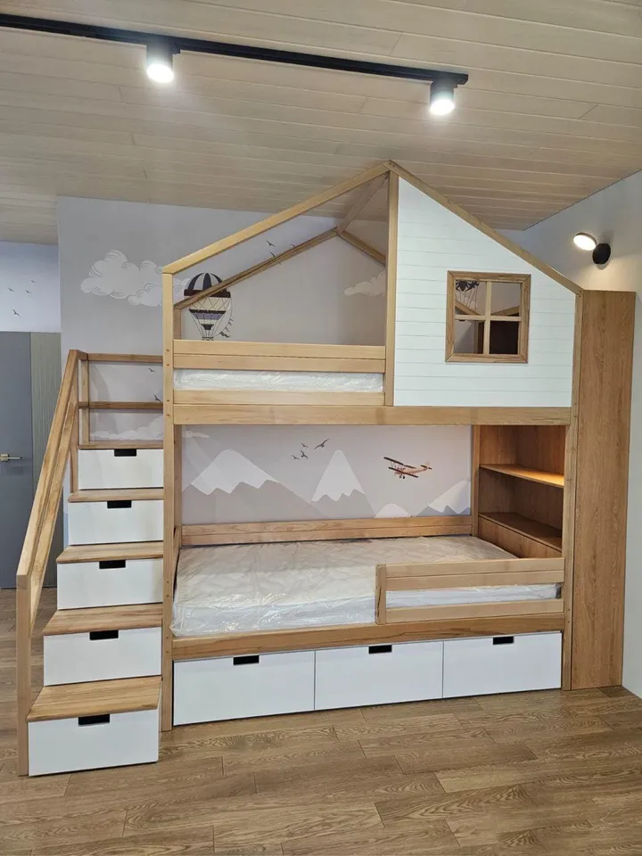 Bunk bed house made of solid beech wood with ladder and chest of drawers