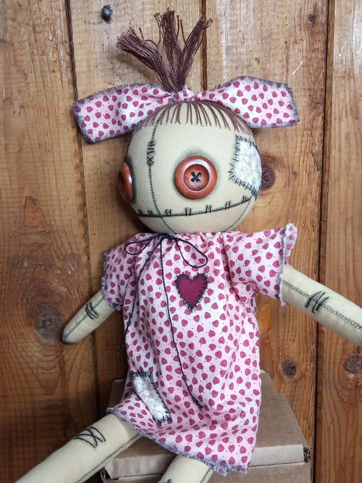 Handmade Doll With Button Eyes (Pink Hearts)