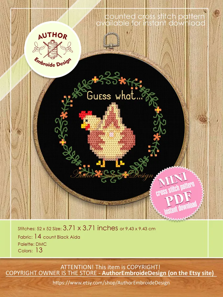 Funny chicken cross stitch pattern PDF download Guess what chicken butt cross stitch chart, Small hoop art, Simple chicken embroidery #K29