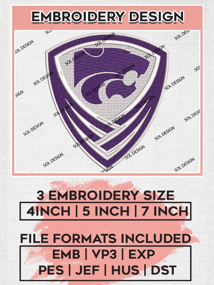 NCAA Kansas State Wildcats Team Logo Embroidery Design Files, NCAA Kansas State Wildcats Machine Embroidery, NCAA Teams, 3 sizes, NCAA Machine embroidery designs, Digital Download