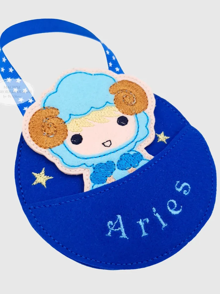 ITH Aries Zodiac Finger Puppet & Gift Bag Embroidery Design, Ram Star Sign Toy, 4x4 Hoop Christmas Ornament File