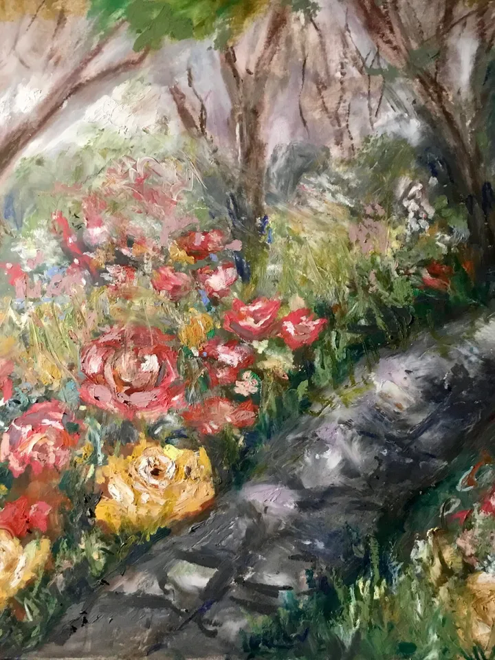 Flower garden original oil pastel painting,flowers painting,forest painting, colourful flowers,affordable gift wall hanging home decoration.