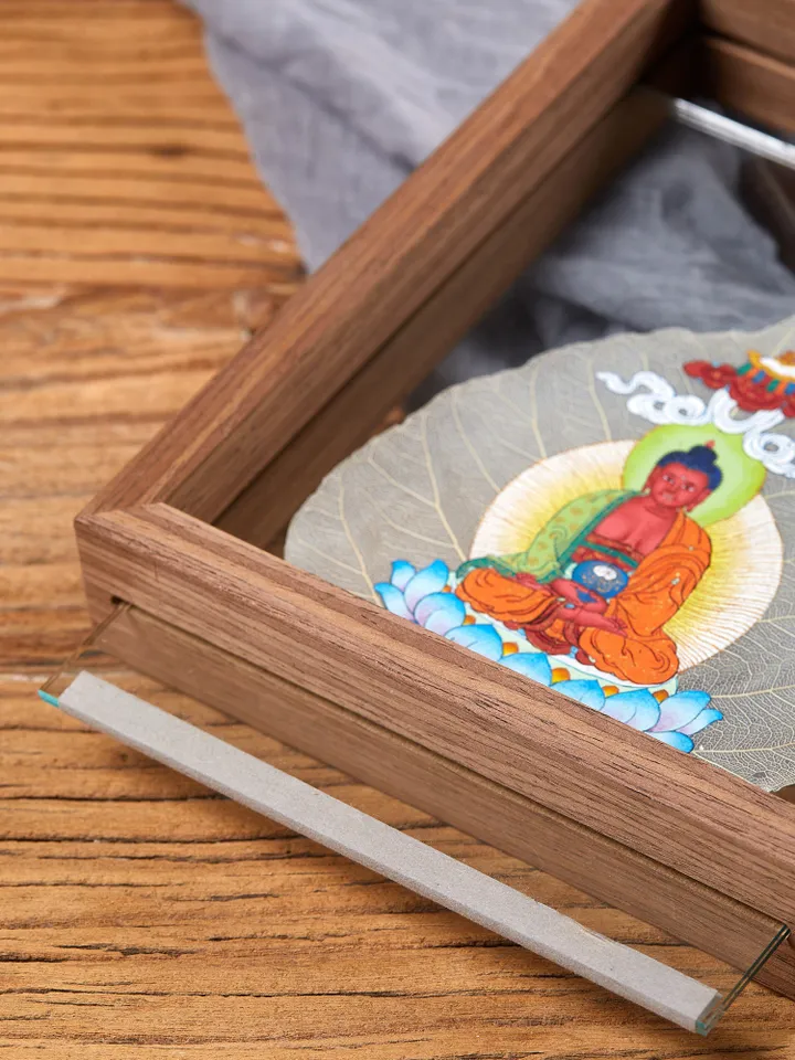 Gandhanra Handpainted Bodhi Leaf Thangka,Packed in Wooden Picture Frame,Painted with Natural Mineral Pigments,Green Tara Thangka
