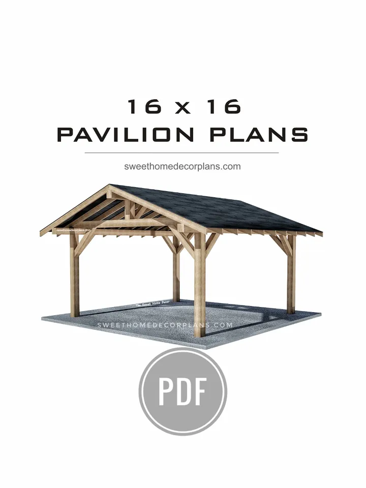 Diy 16 x 16 gable pavilion plans pdf. Carport plans. Square outdoor covered gazebo plans. Diy backyard timber frame plans for outdoor. Garage plans