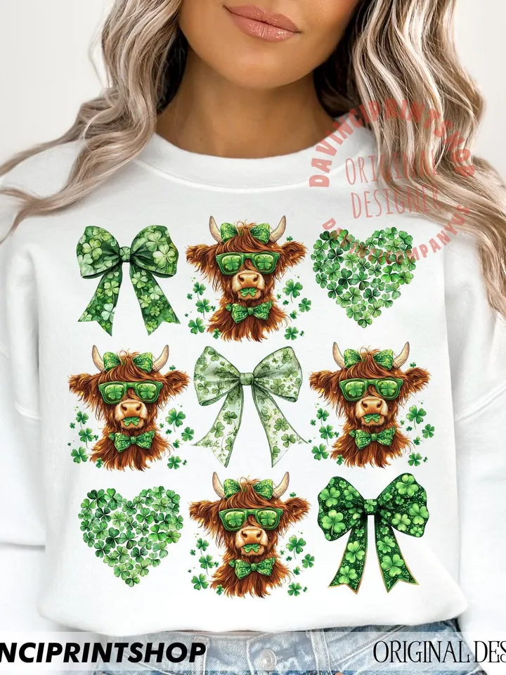St Patrick's Day Highland Cow PNG, St. Patrick's Day Heart Clover, Coquette St. Patrick's png, Shamrock png, St Patrick's Day png, Irish png