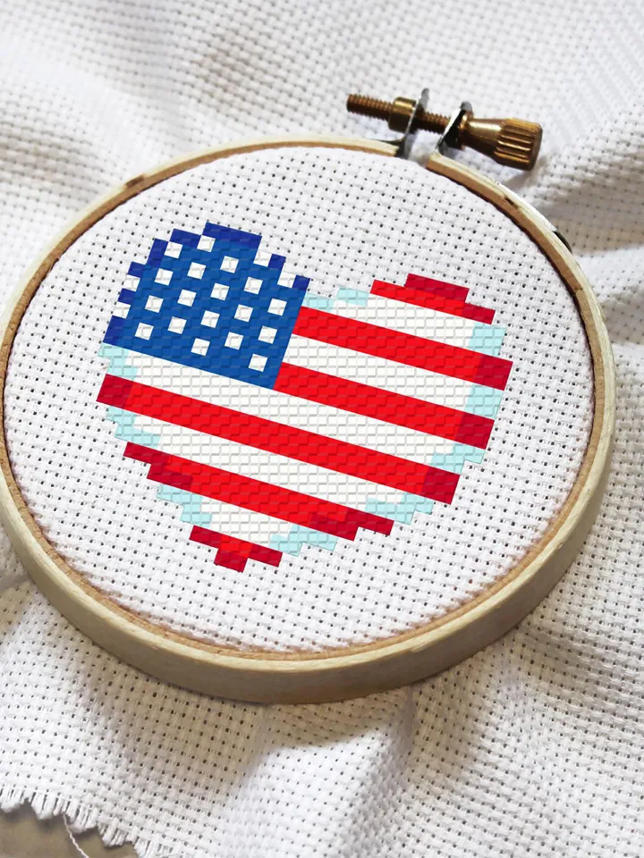 American flag heart cross stitch pattern PDF download Patriotic cross stitch chart, Independence Day 4th of July, USA flag cross stitch #T18