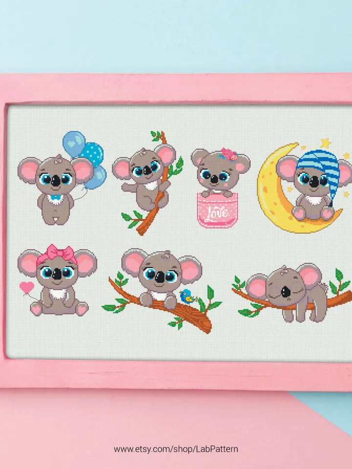 Koala Cub Bundle of 7 Cross stitch pattern | Embroidery Pattern | Instant Download | Embroidery Designs