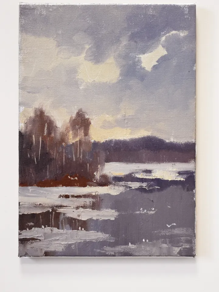 Winter lake landscape oil painting original. Small painting