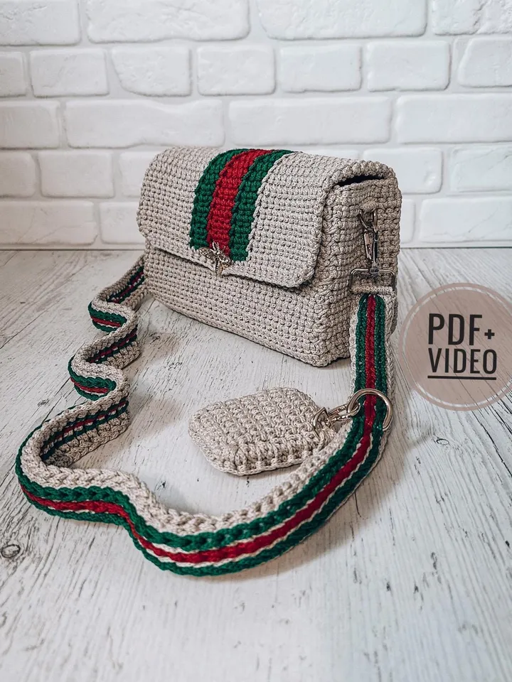 Crochet pattern bag with stripes PDF digital instant download, thermal stitch, women crossbody, Small crossbody purse, ivory handbag