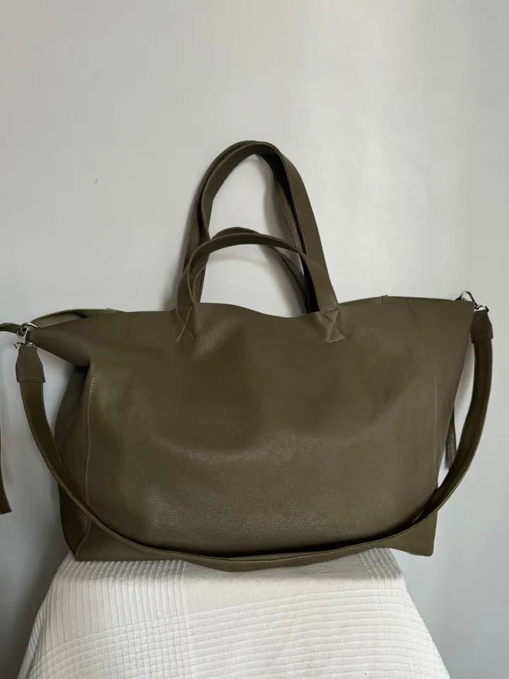 Genuine leather khaki green oversize tote shopper triple handle big bag / everyday purse / handmade bags / designer bags / summer bag /