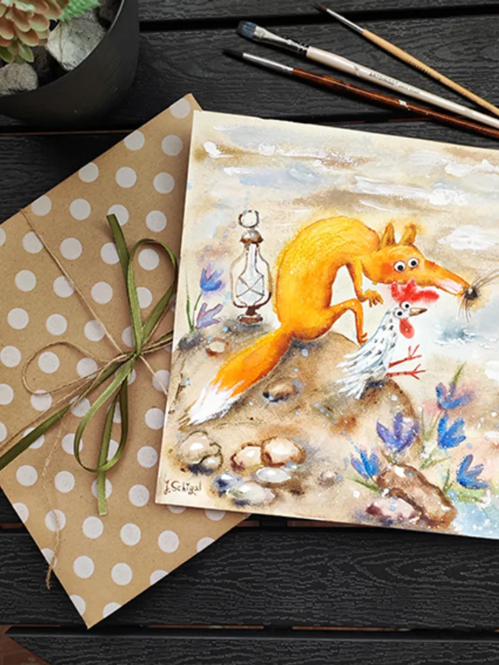 26×26cm Artwork by Julia Schigal "Fox and Chicken" - watercolor, gouache