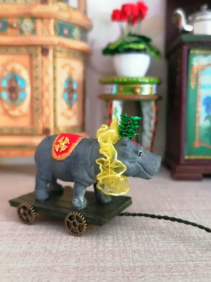 Hippo on a cart. Vintage toy. Circus toy.1:12 scale.