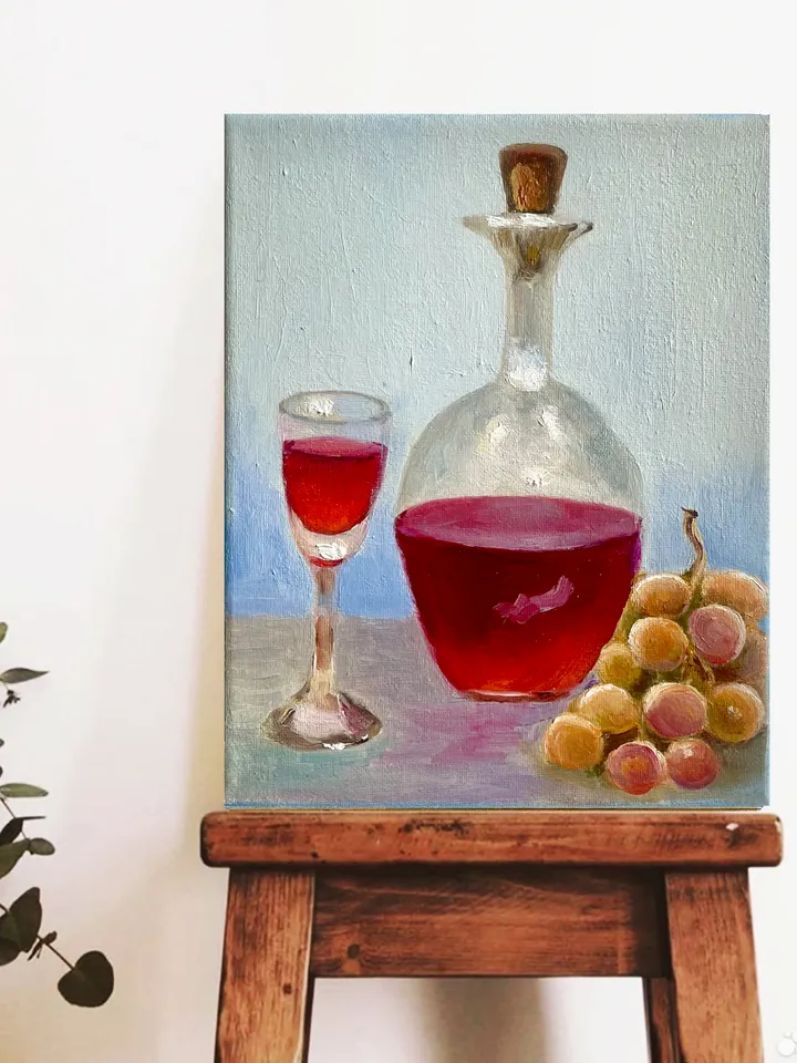 Wine Decanter Painting Grape Fruit Original Oil Painting on Canvas, Wine Glass Still Life Painting 10" x 8"