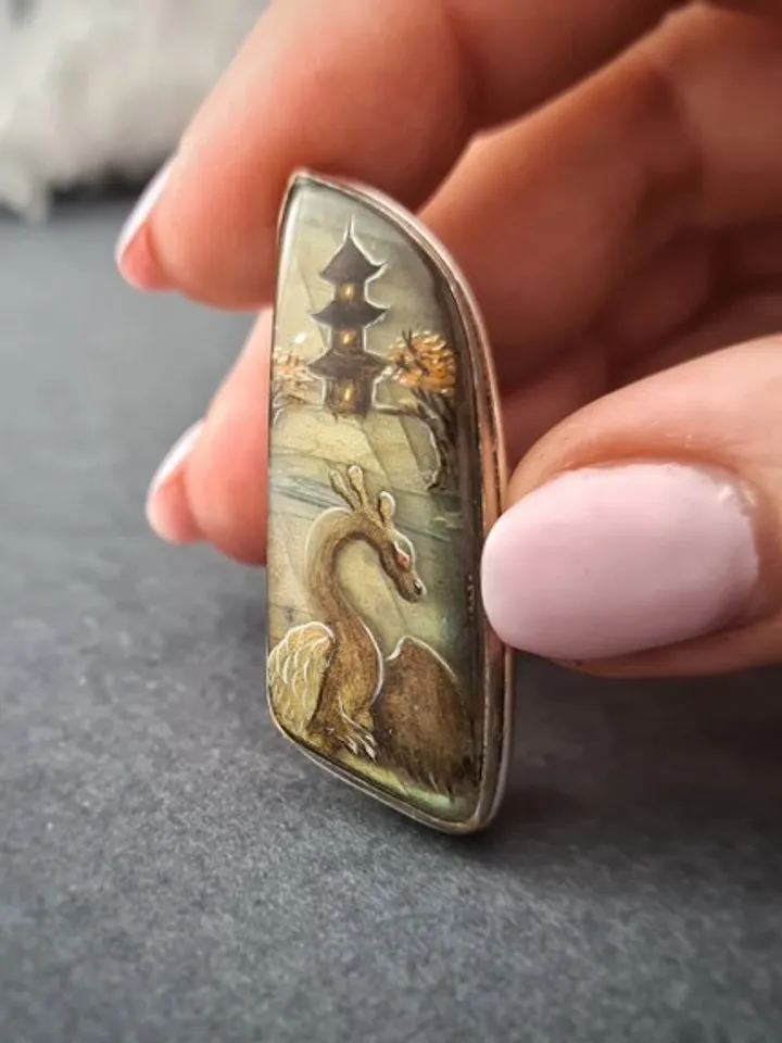 Dragon ring Labradorite ring Stone painting dragon Aaa large labradorite ring