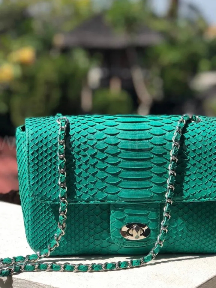 Genuine python skin maxi crossbody turquise bag, summer big chain crossbody, elegant classy crossbody bag genuine leather summer | snakeskin