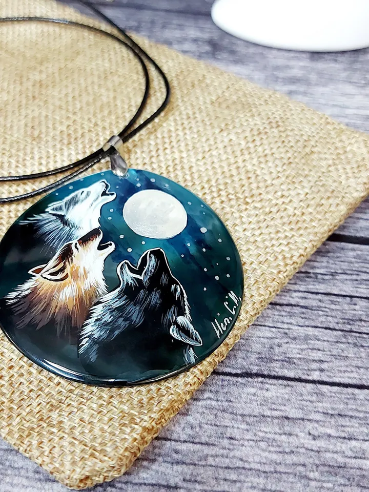 Pearl pendant necklace: The hunting pack of Wolves is howling on the moon • unique handmade jewelry • statement aesthetic necklace for dress