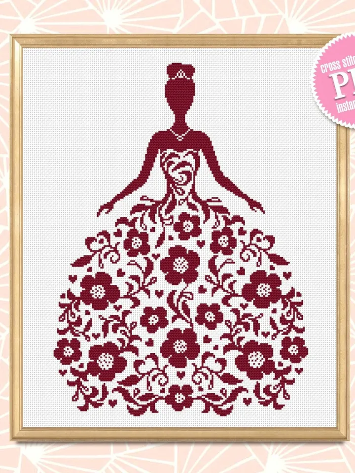 Wedding Dress cross stitch pattern download PDF Silhouette bride cross stitch, Flower dress, Monochrome cross stitch mandala dress #M194