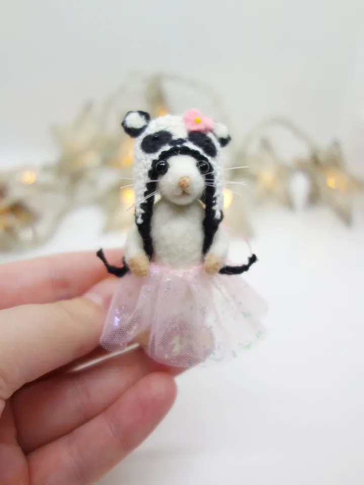 Penny the mouse, miniature needle felted mouse in a panda costume, made to order