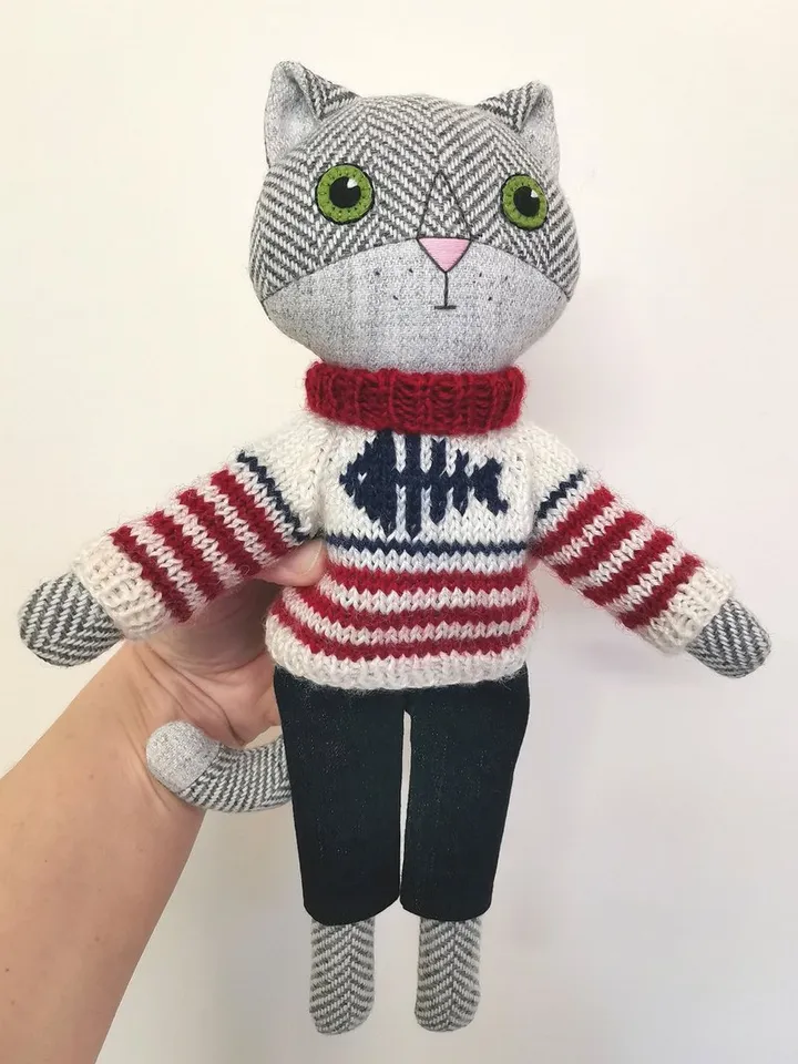 Gray cat boy, handmade wool plush doll, stuffed kitten toy, cat soft doll