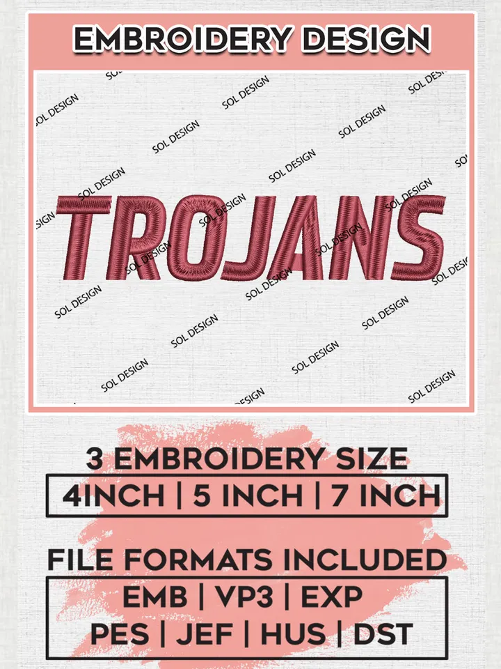 Trojans NCAA Team Writing Logo Embroidery Design Files, NCAA Troy Trojans Machine Embroidery, NCAA Teams, Game Day, 3 sizes, NCAA Machine embroidery designs, Digital Download