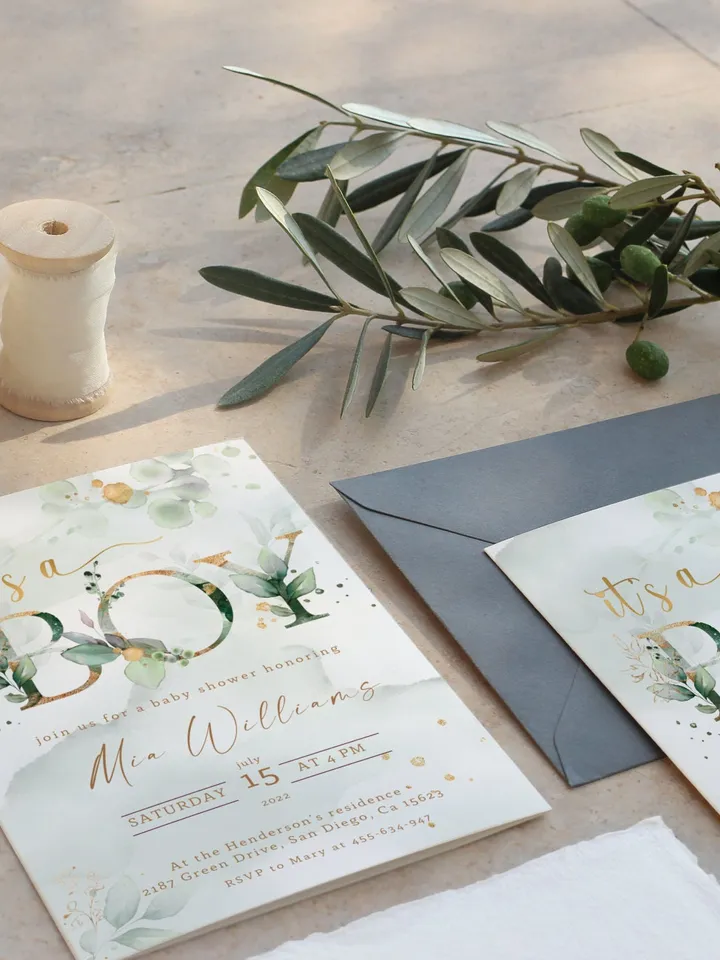 It's a Boy Baby Shower Invitation Template; Greenery Boy baby shower; Green Gold Leaves Baby Boy Invite; Botanical Eucalyptus Baby Shower