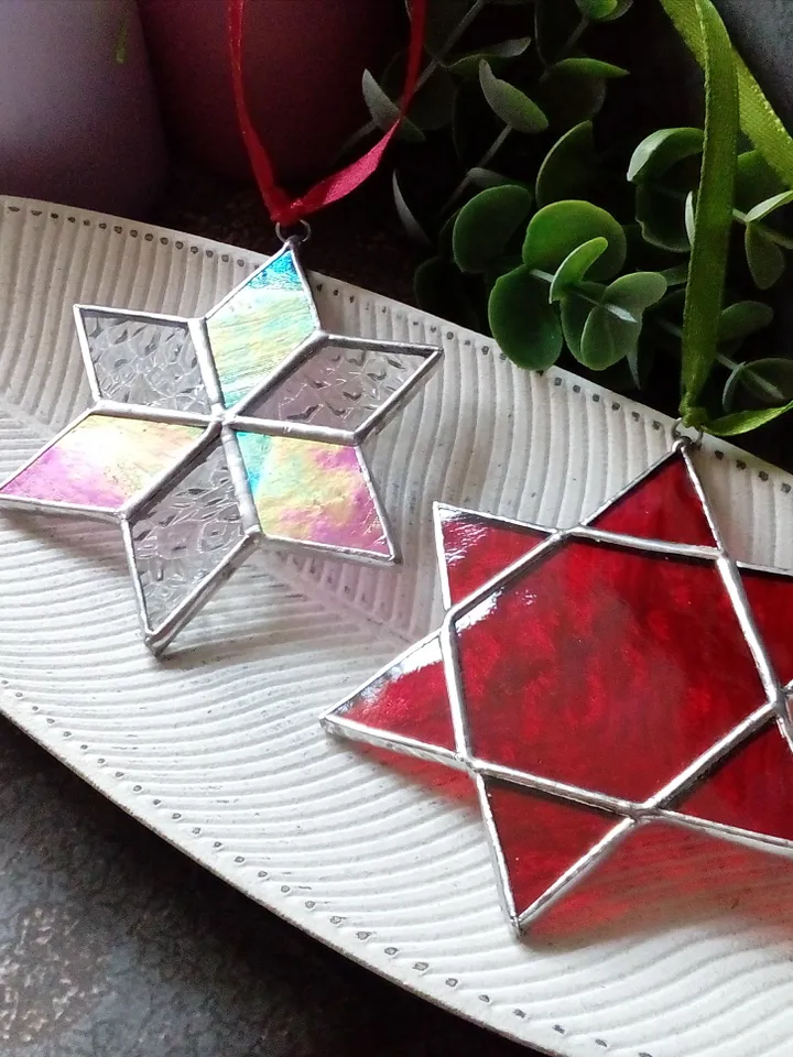 Set of 2 snowflake suncatchers, christmas ornaments, simple stained glass, Christmas decorations, Xmas tree star