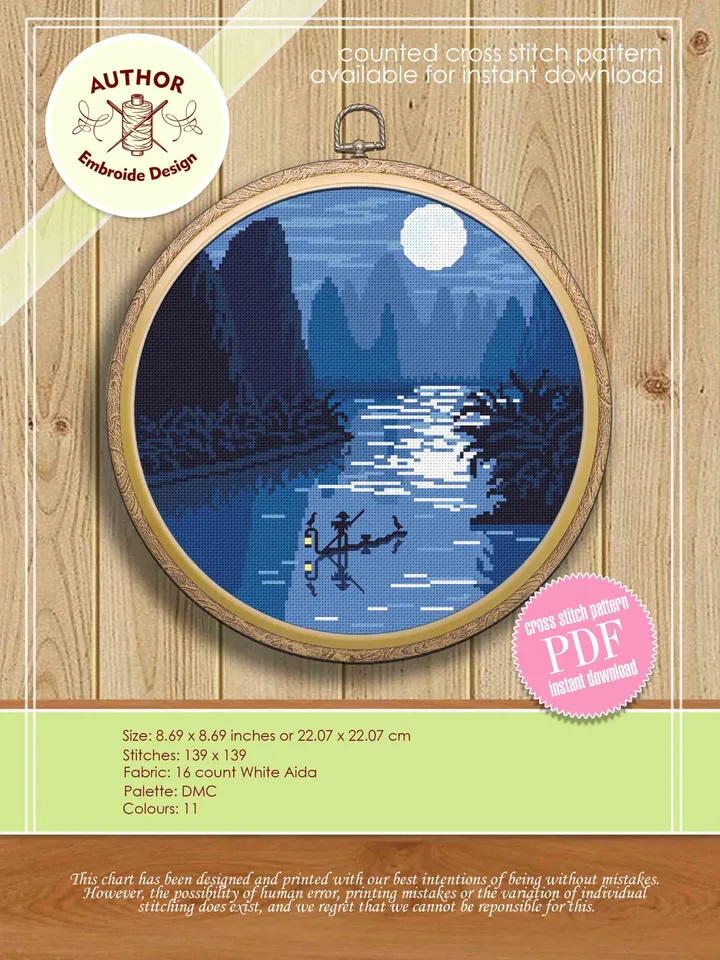 Night nature cross stitch pattern download PDF Chinese landscape cross stitch chart Boat on the river embroidery PDF Nature lover gift #L16