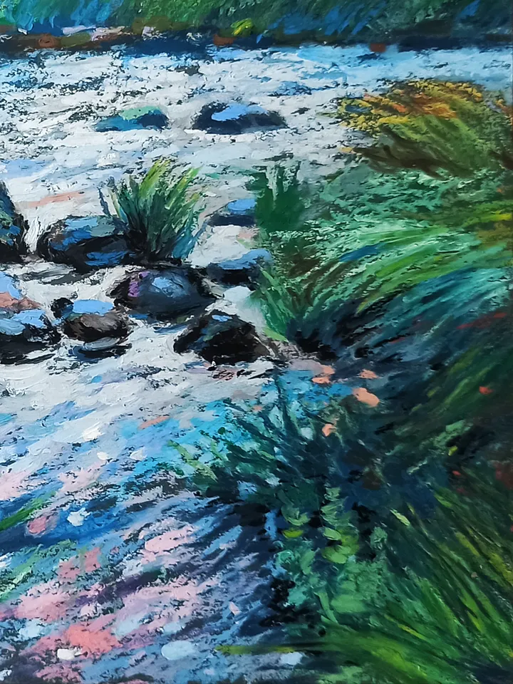 Summer landscape with a forest river, Fast river, Original oil pastel drawing on A4 kraft paper