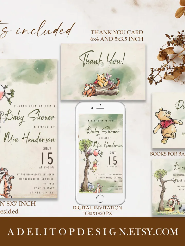 Classic Winnie Pooh Baby Shower Invitation Set; Neutral Baby Shower Template; Wizard Baby Shower Invite; Honey Bear Invite; Winnie Templat