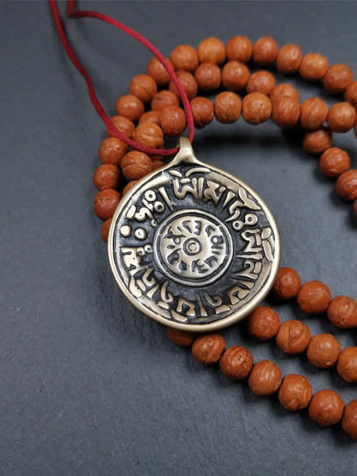 Gandhanra Vintage Tibetan Buddhist Amulet,Om Badge Pendant, Mantra of Om Mani Padme Hum, Made of Lima Brass,1.58&quot;