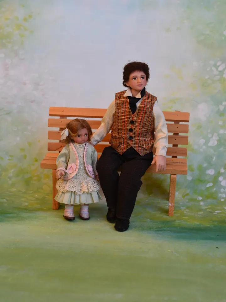 Miniature gentleman doll in 12 scale for a Victorian dollhouse.