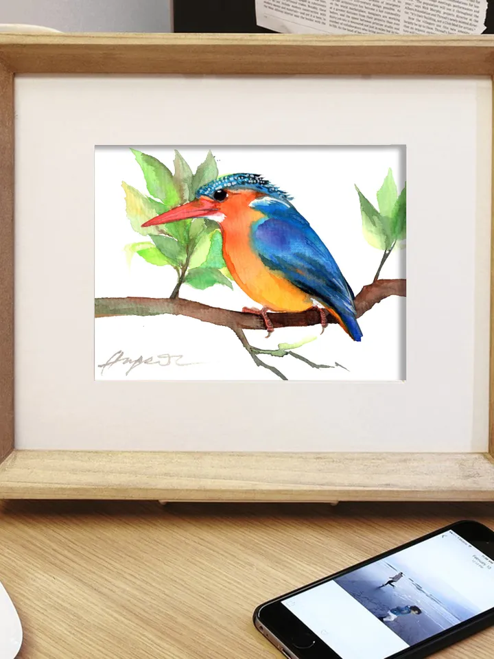 Kingfisher original watercolor, birds painting, handmade wall decor, 5x7 in art for bird lovers by Anne Gorywine